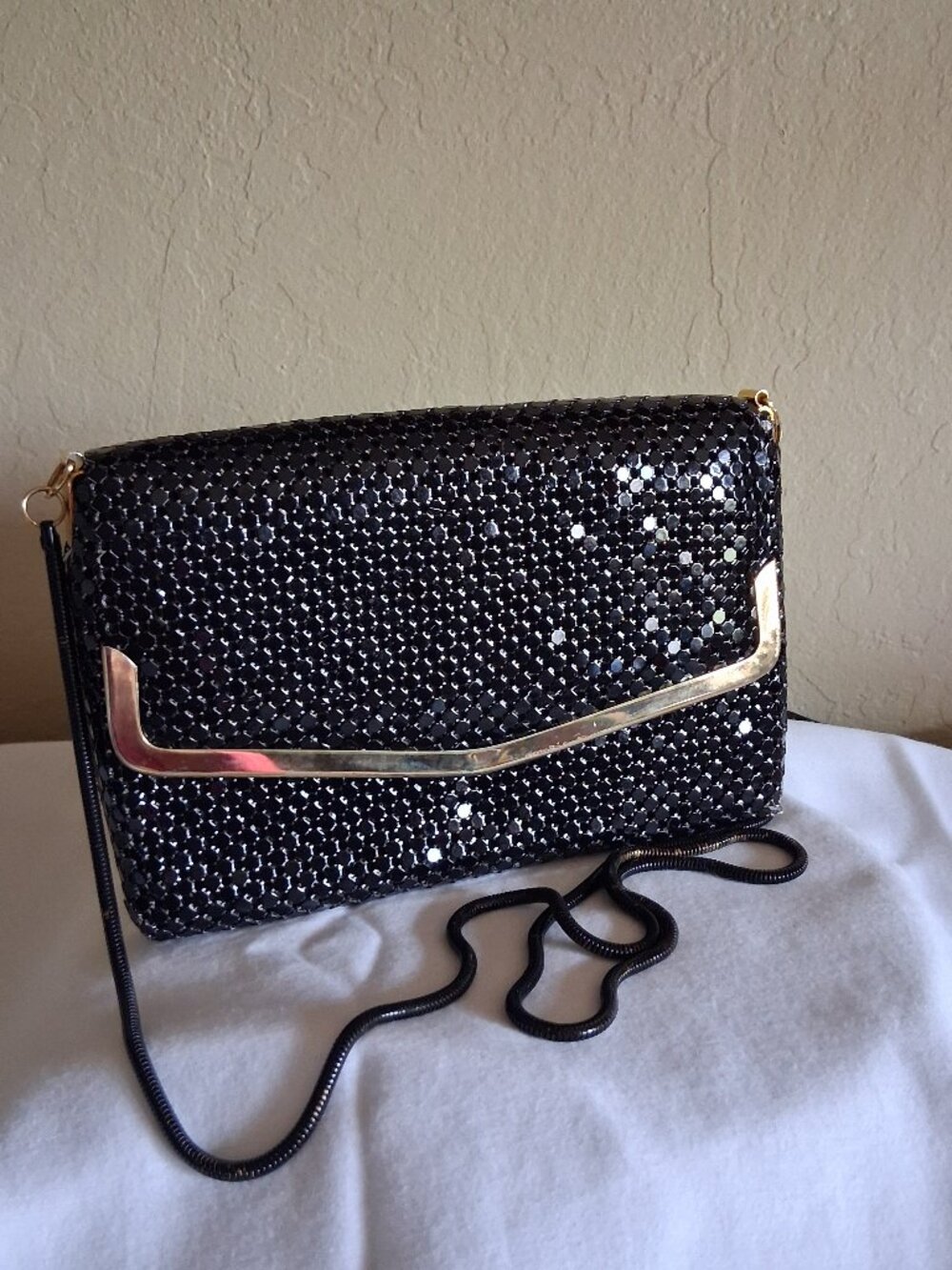 Vintage Black metal mesh Chainmail evening clutch glam, purse, handbag, Shoulder